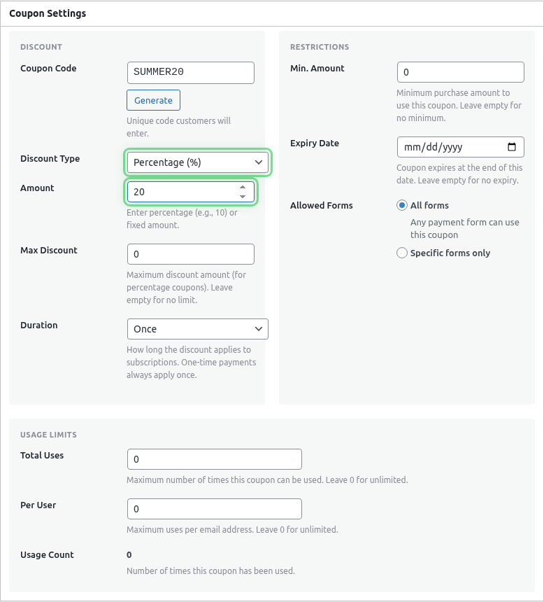 Discount amount field highlighted