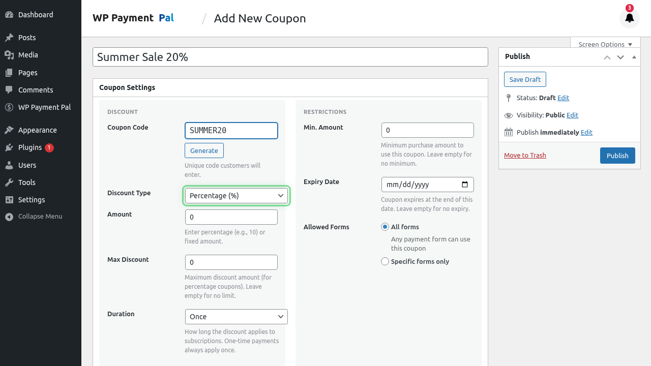 Discount type dropdown highlighted