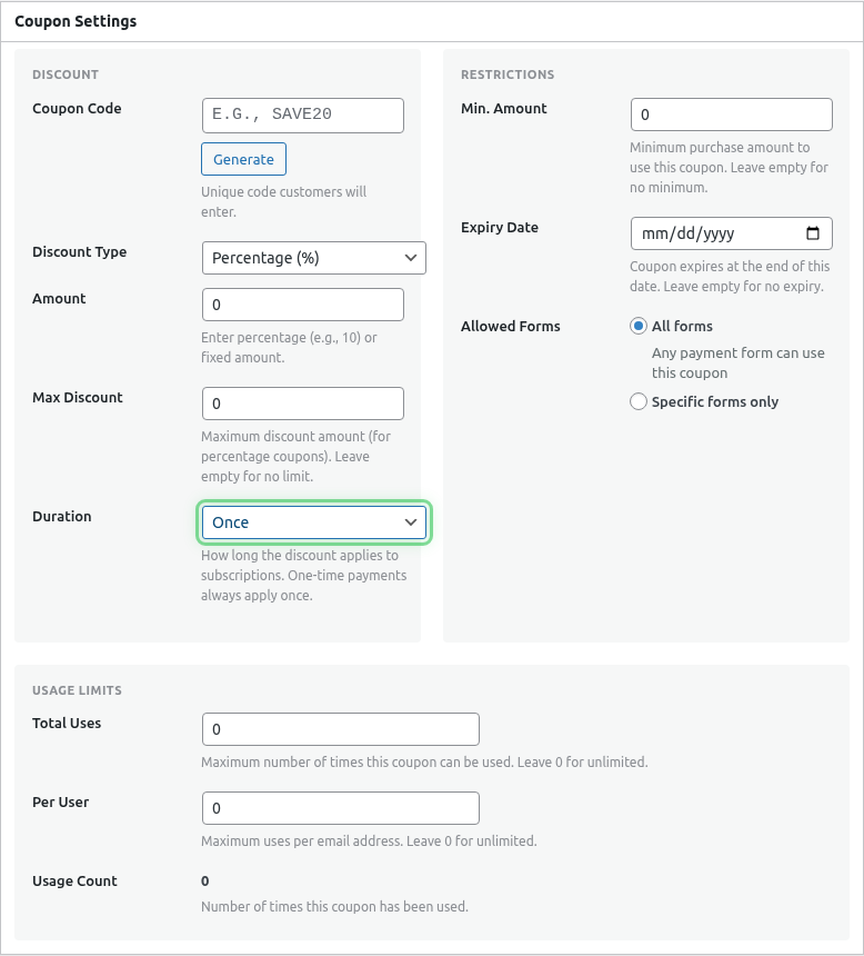 Duration dropdown highlighted