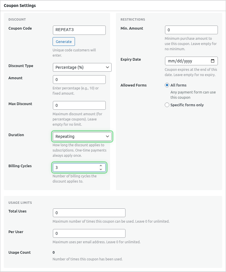 Repeating duration with billing cycles field