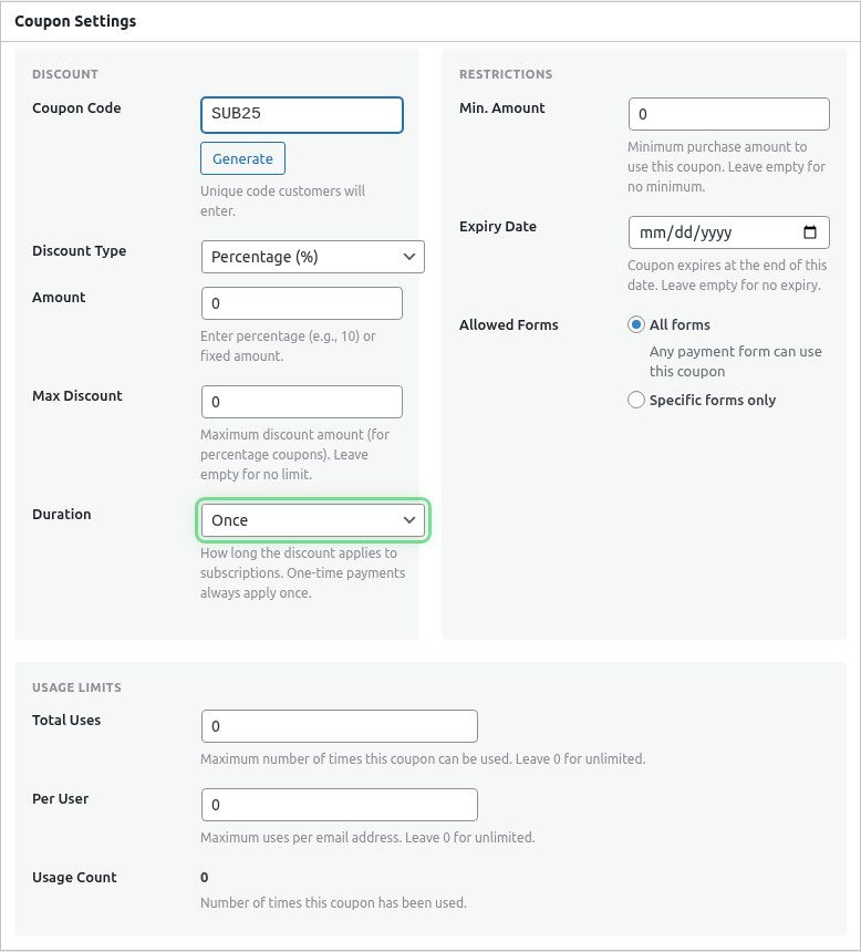 Duration dropdown highlighted