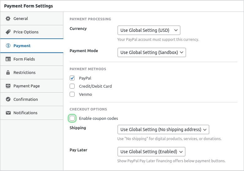 Enable coupons toggle highlighted