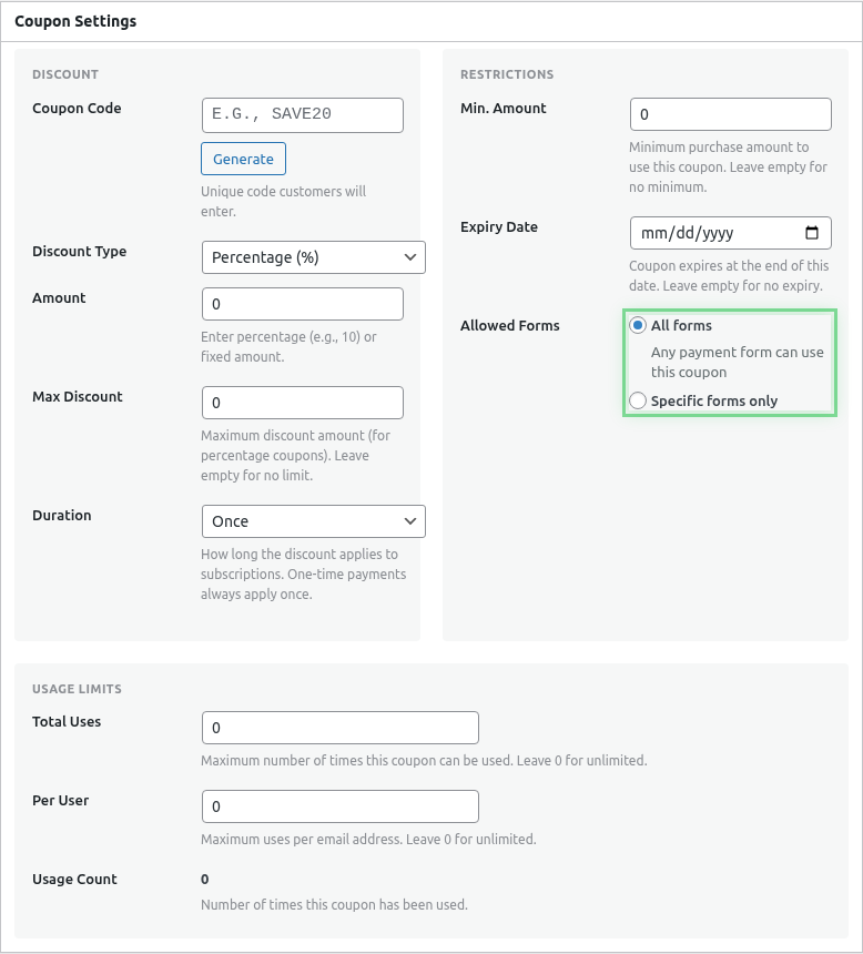 Form restrictions in coupon editor