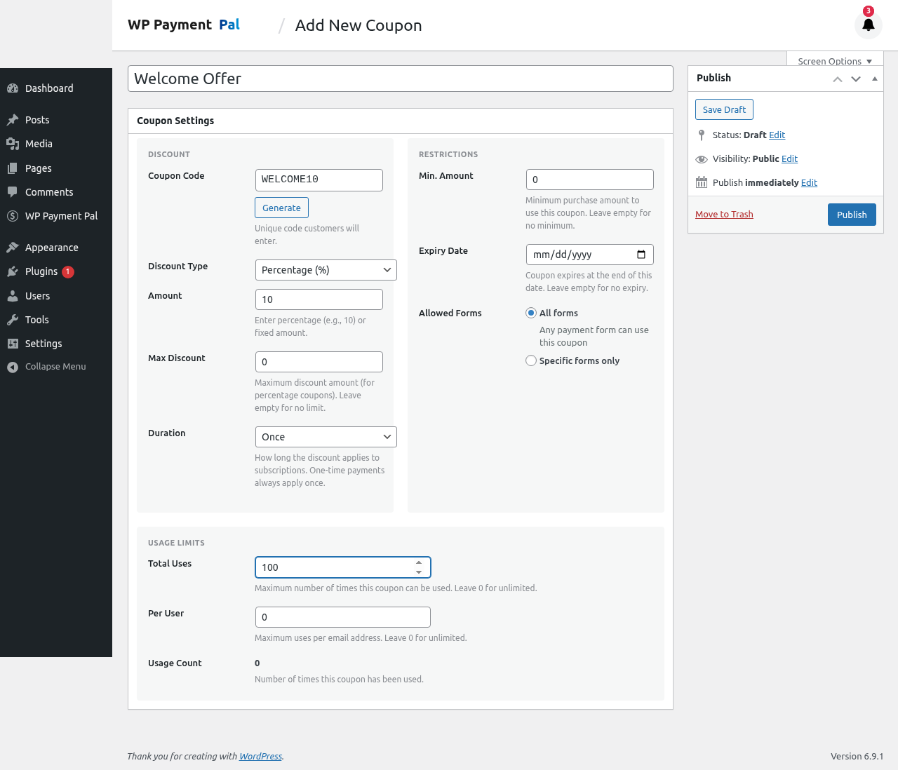 Full coupon editor view
