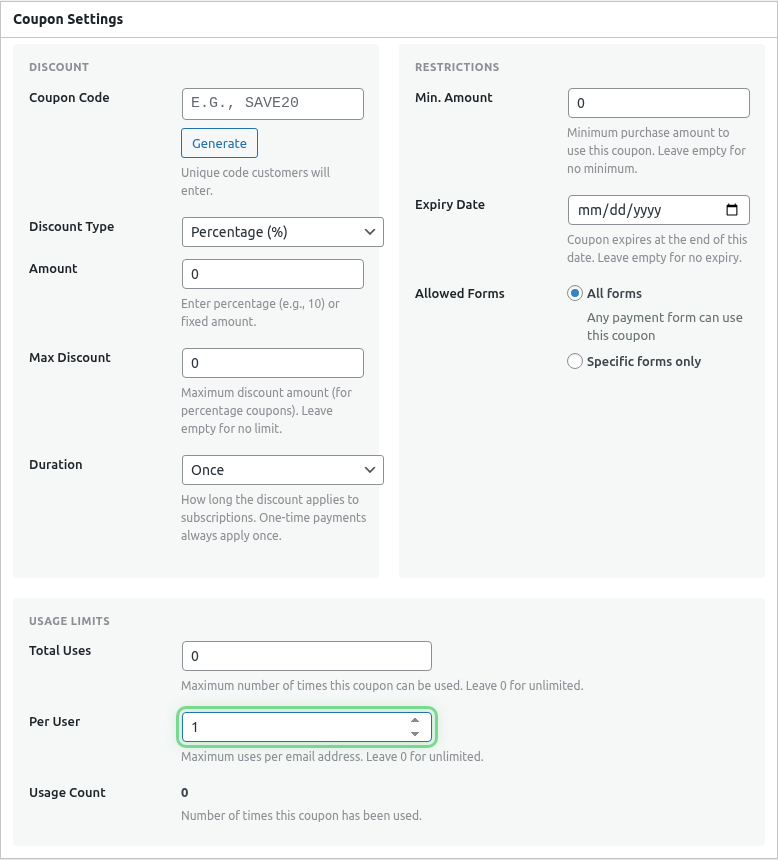 Per-user limit field highlighted