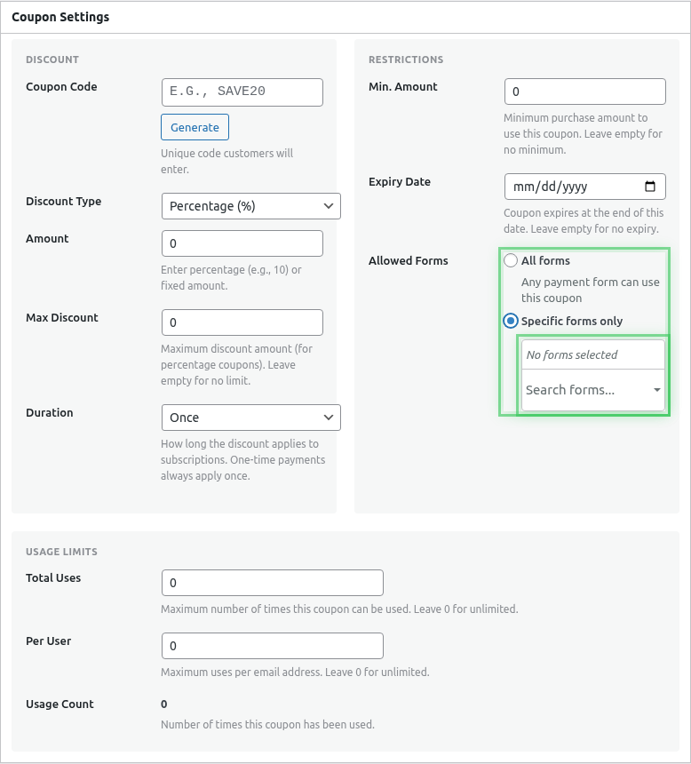 Specific forms selected with checkboxes