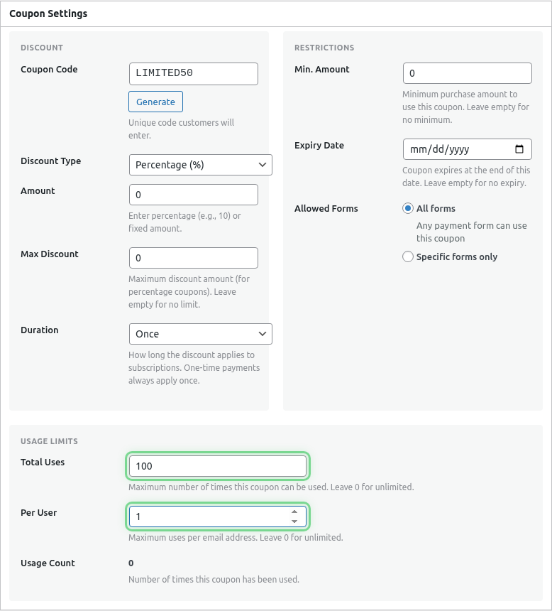 Usage limit fields highlighted
