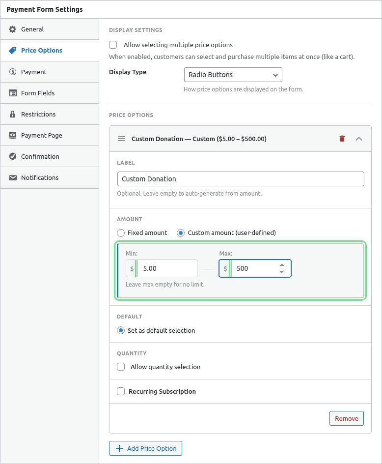 Custom amount min/max/default filled