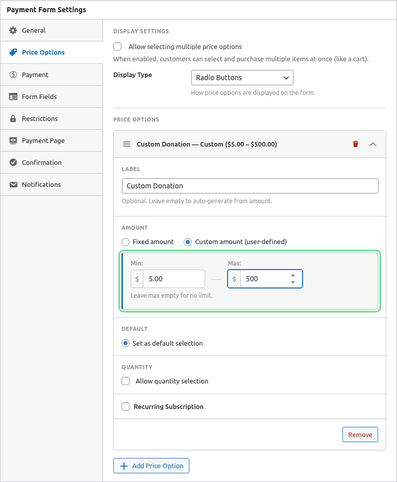 Custom amount option highlighted
