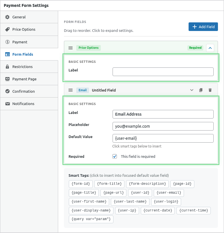 Single form field expanded with config options