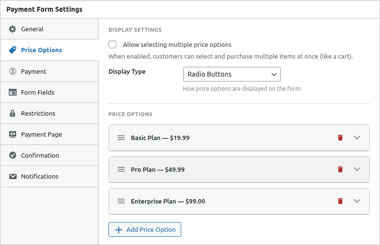 Multiple price options configured