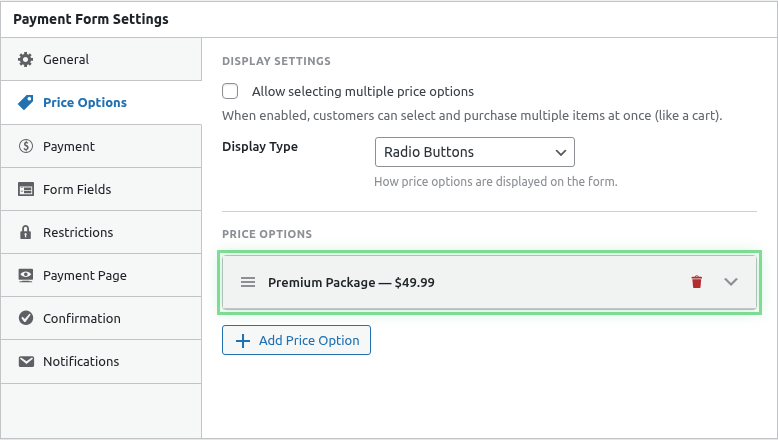 Configured price option collapsed header
