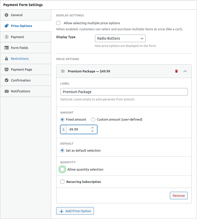 Price option with quantity enabled
