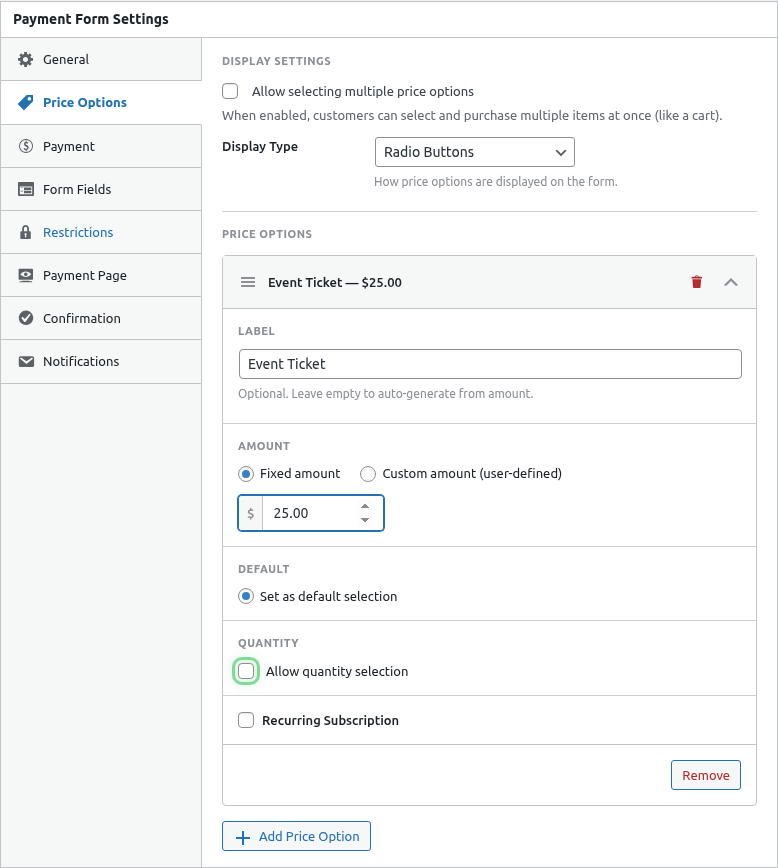 Quantity toggle in OFF state
