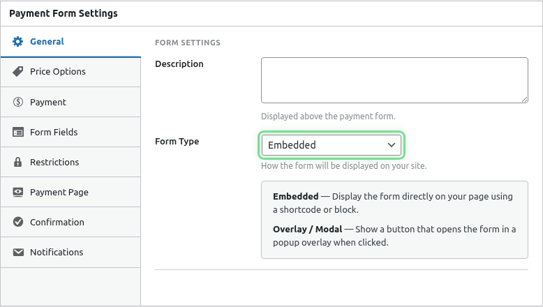 Form type set to Embedded highlighted