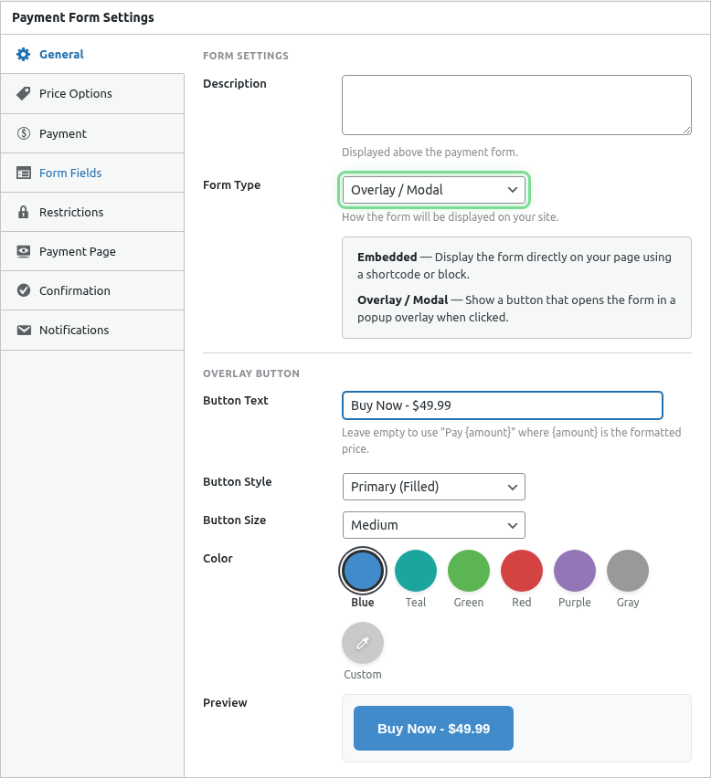Form type set to Overlay highlighted