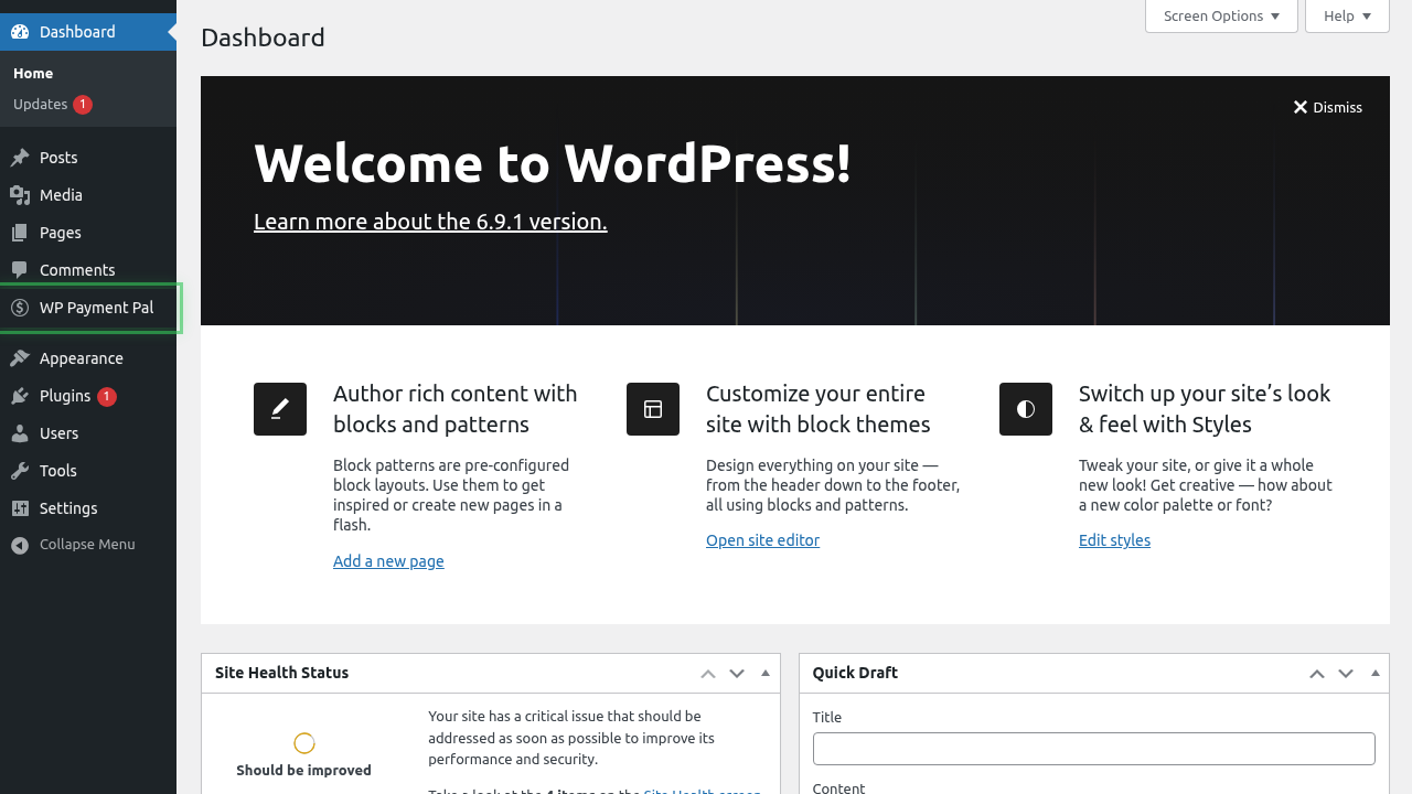 WP Payment Pal admin menu highlighted
