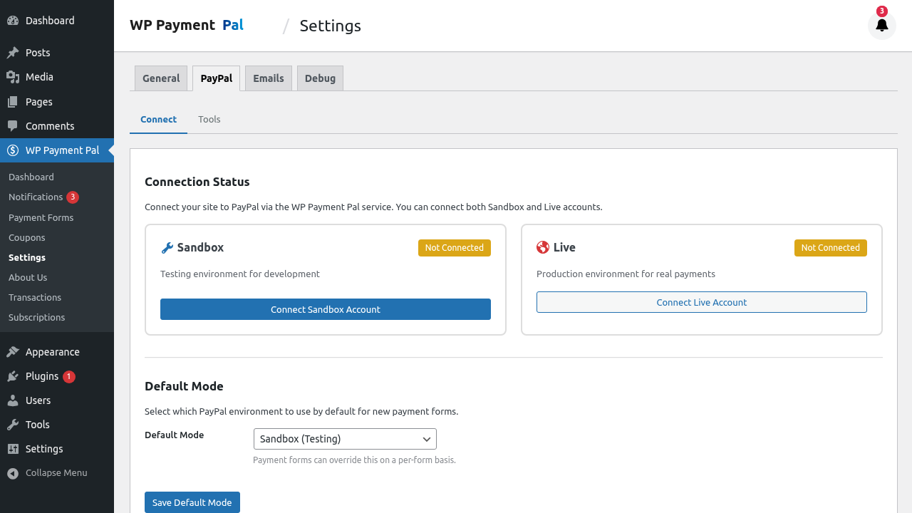 Connect with PayPal button highlighted