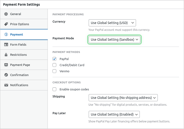 Payment tab with mode and coupons settings