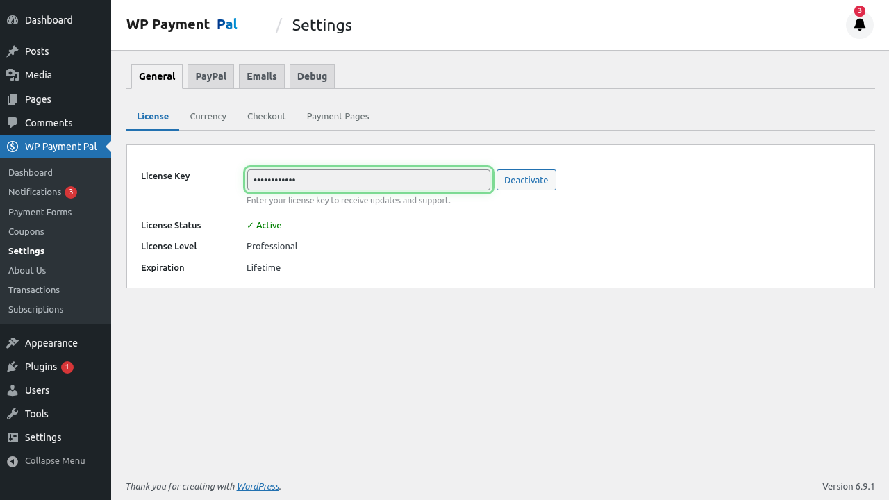 License key field highlighted