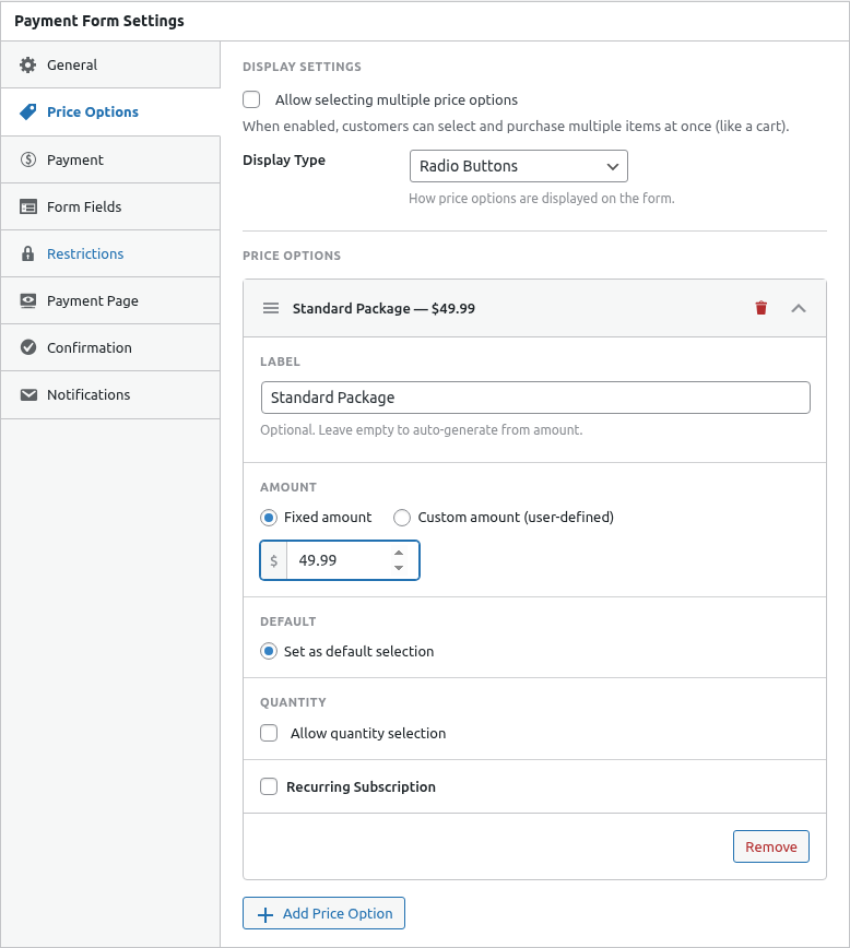 Price Options tab with configured option
