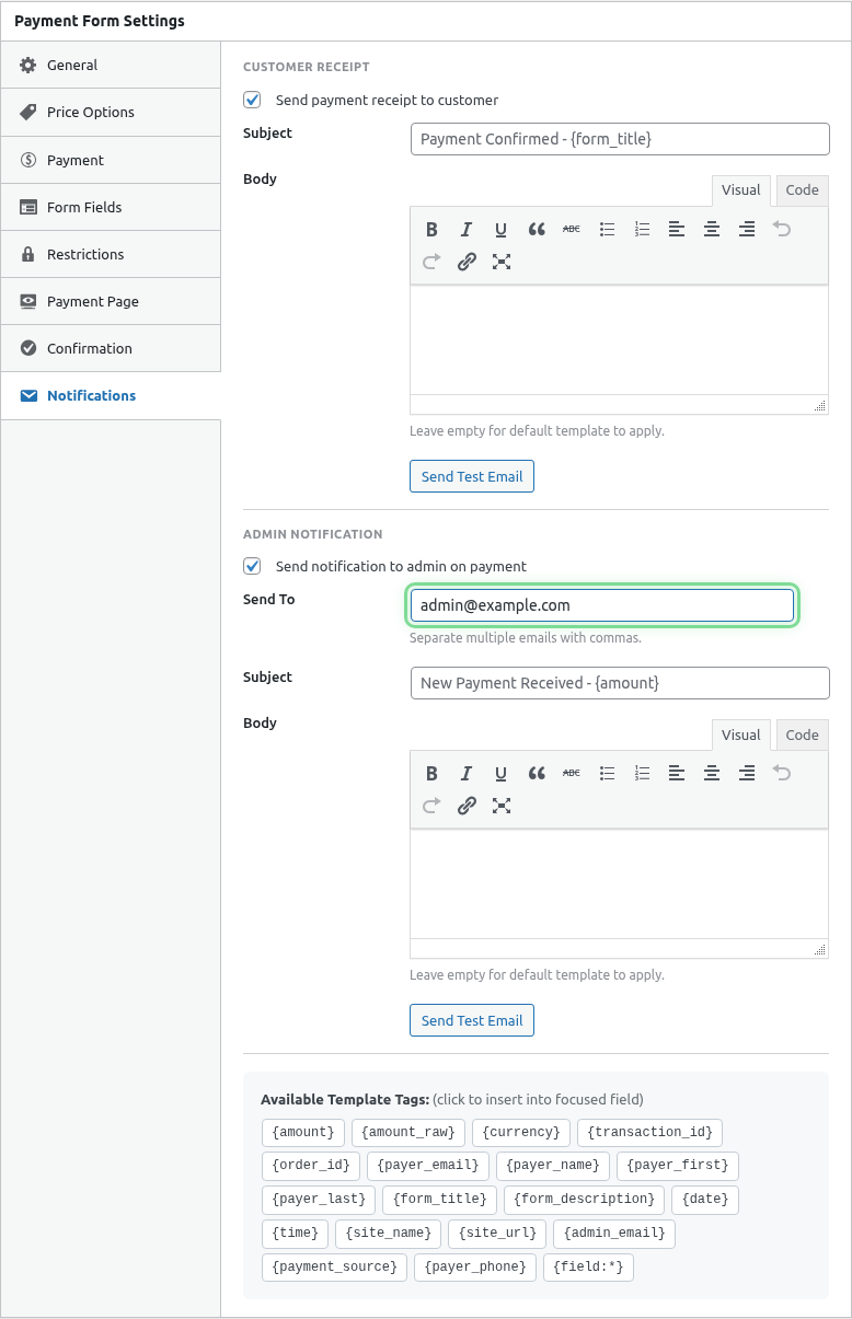 Admin email field filled