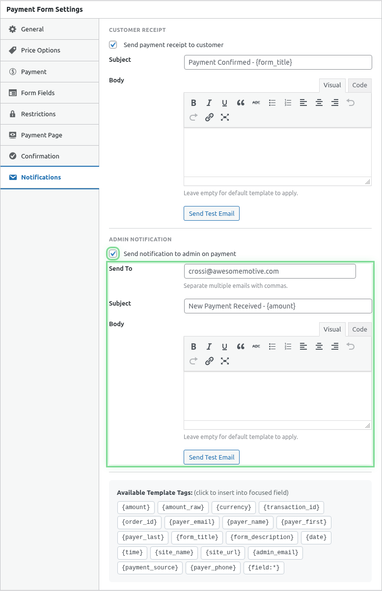 Admin toggle ON with fields