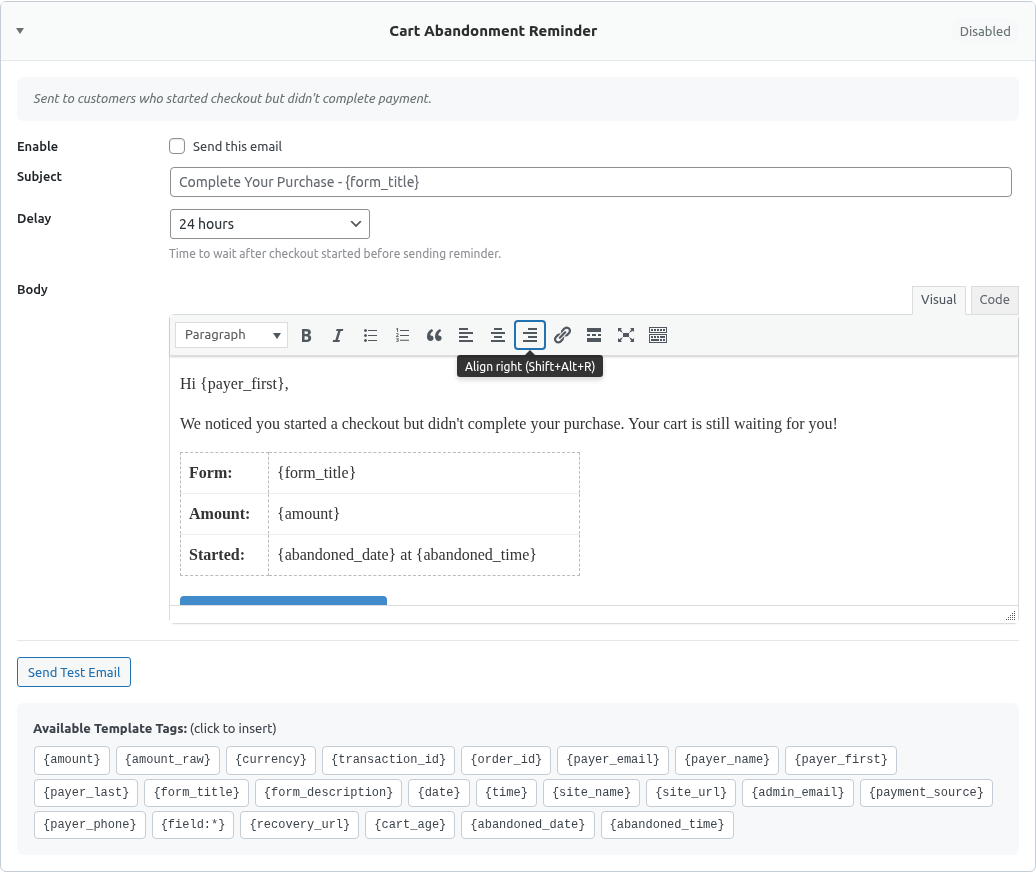 Cart abandonment email settings