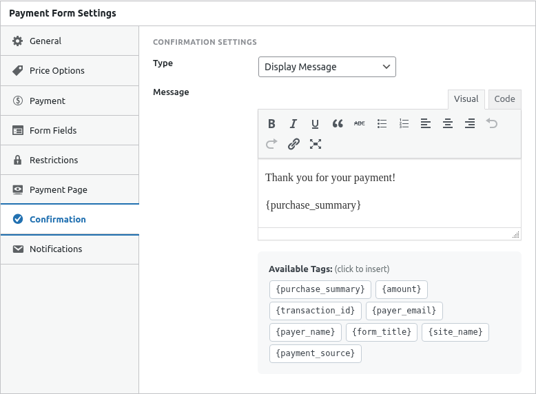 Confirmation tab overview