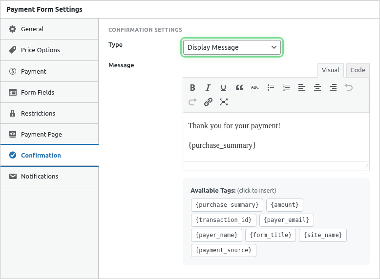 Confirmation type dropdown highlighted