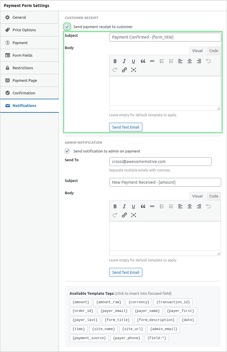 Receipt toggle ON with fields