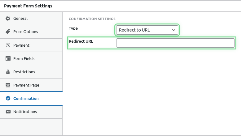 Redirect type selected with URL field