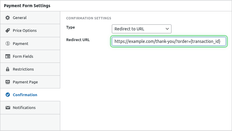 Redirect URL field highlighted