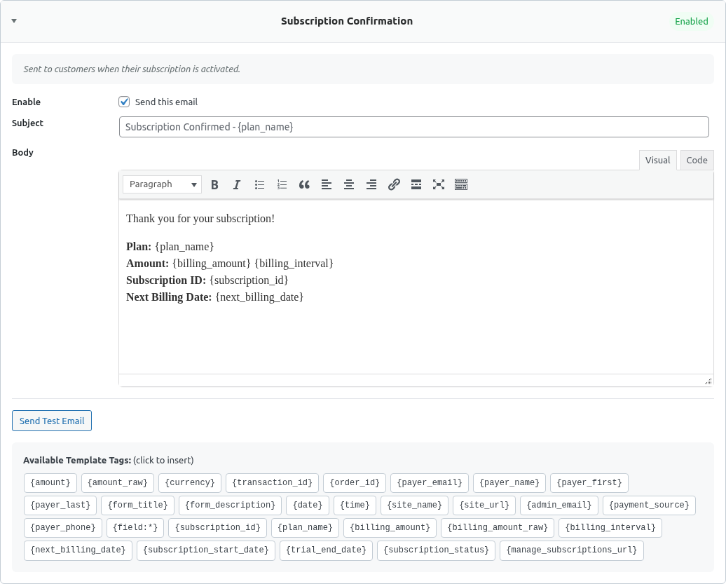 Subscription email settings