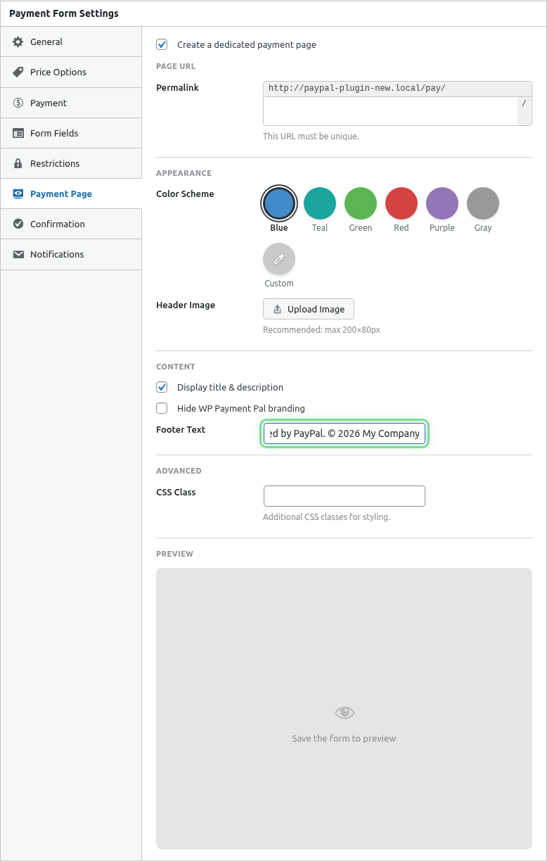 Footer text field highlighted