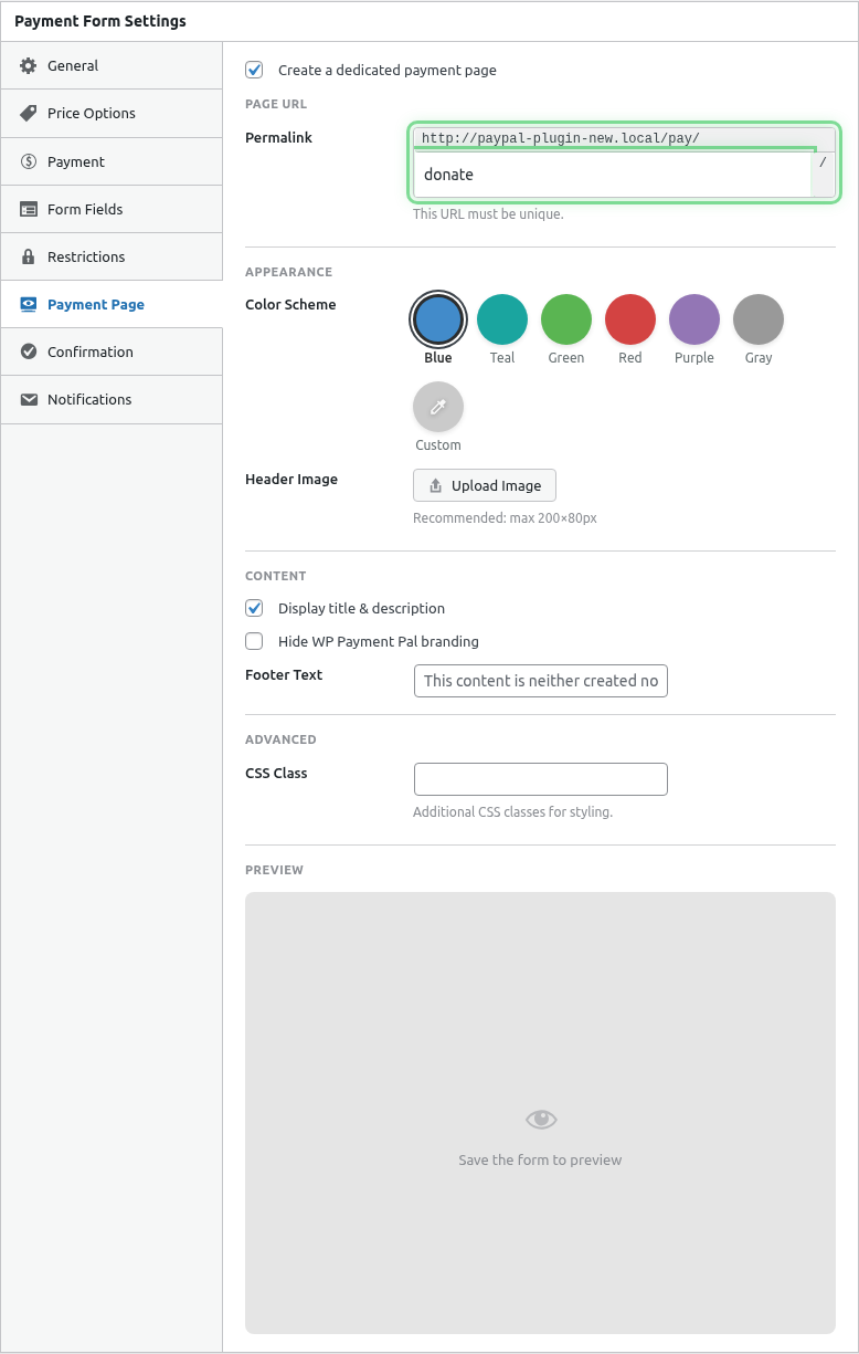 URL Slug field filled with "donate" + URL preview