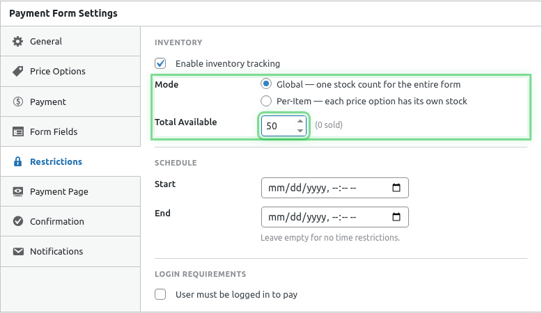 Inventory enabled with total 50 and show remaining
