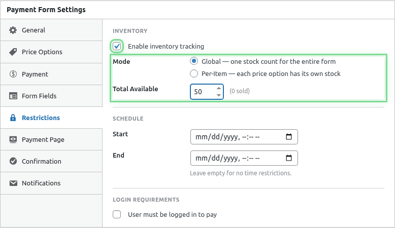 Inventory settings highlighted