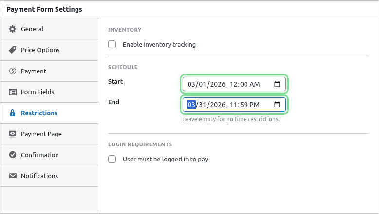 Schedule date fields highlighted