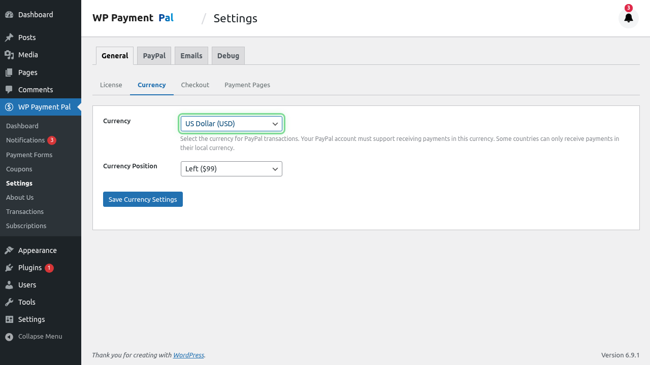 Currency dropdown with options