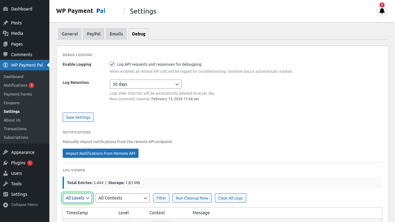 Log level dropdown with options