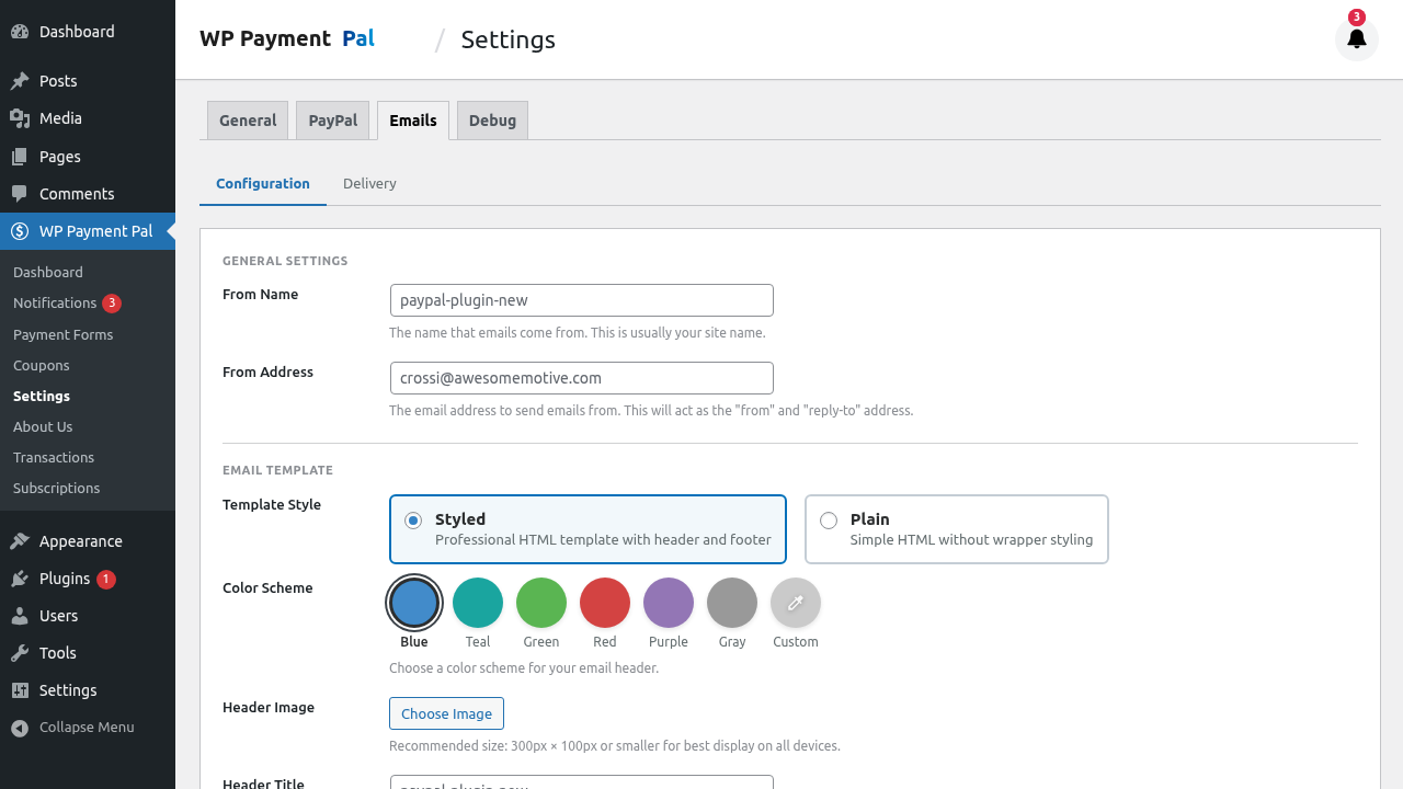 Email template settings highlighted
