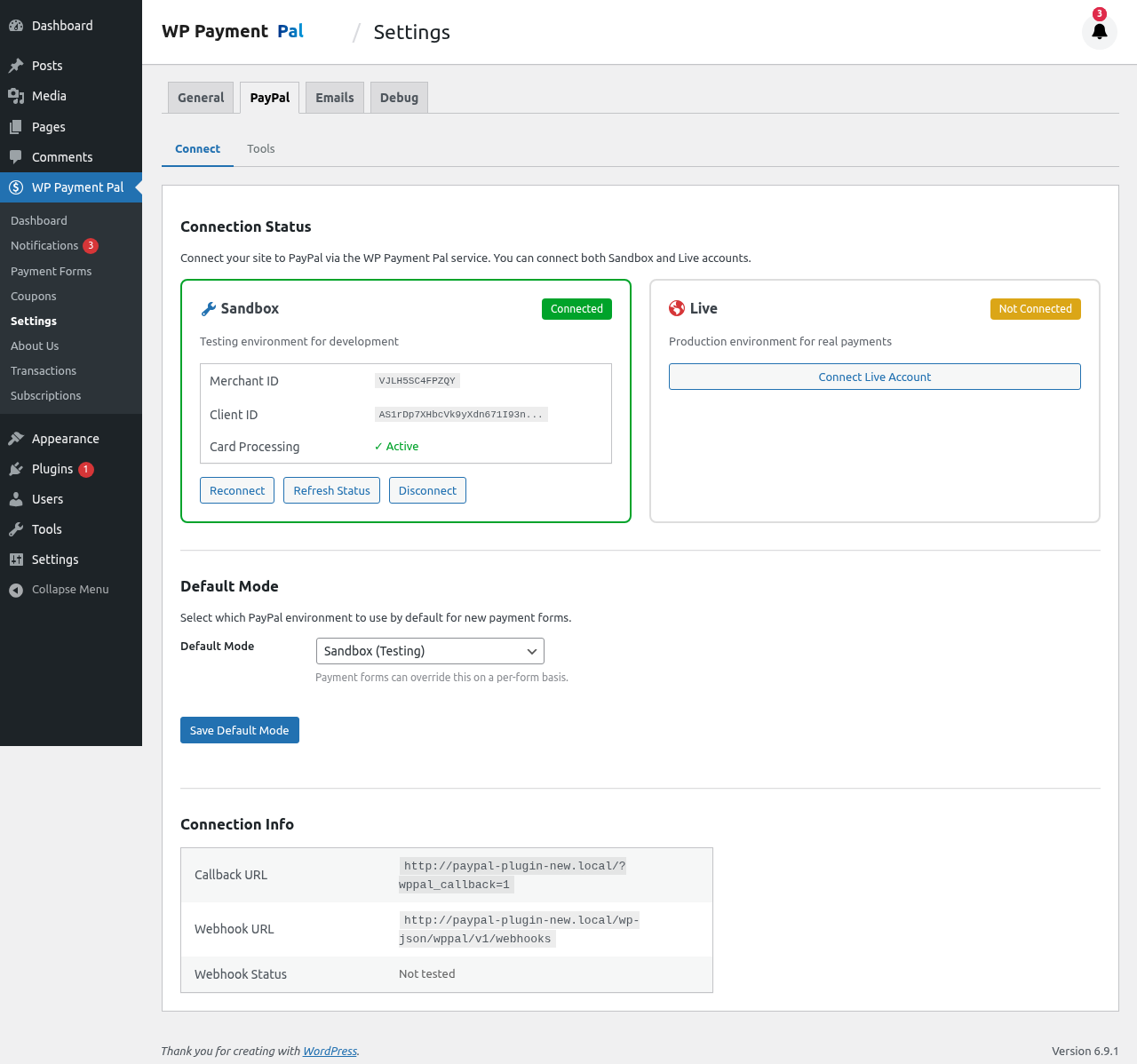 PayPal settings tab overview