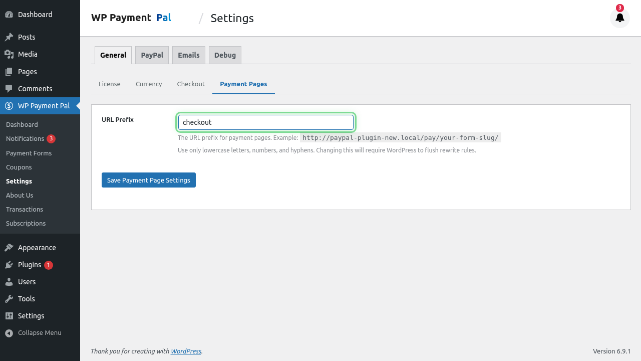 Payment page prefix filled with "checkout"