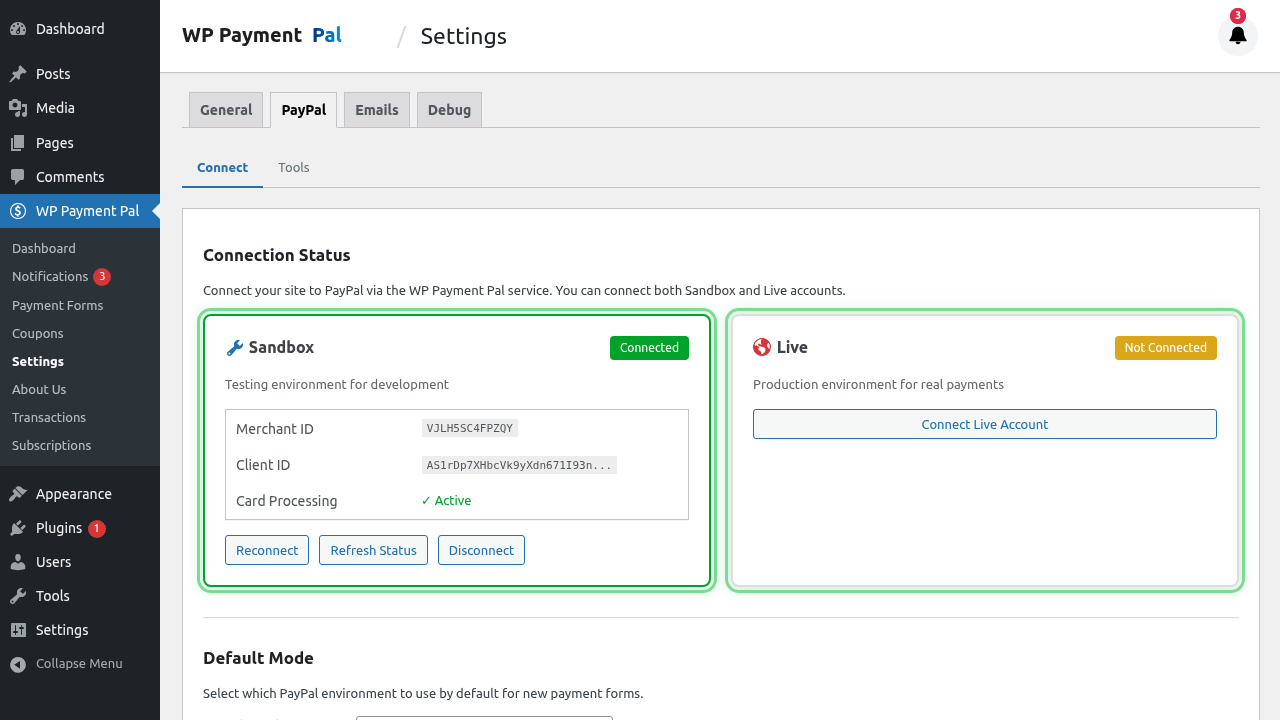 Webhook status on PayPal settings