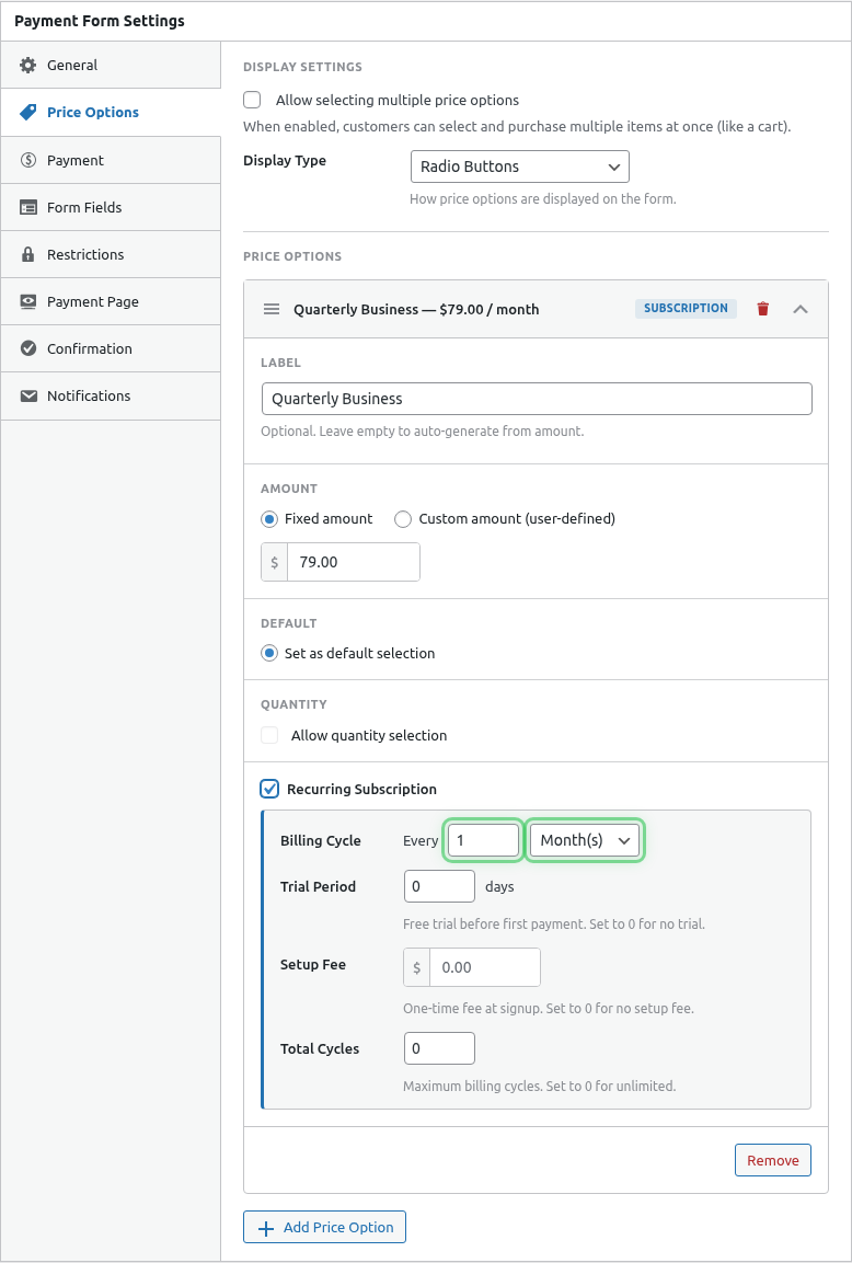 Billing interval fields highlighted