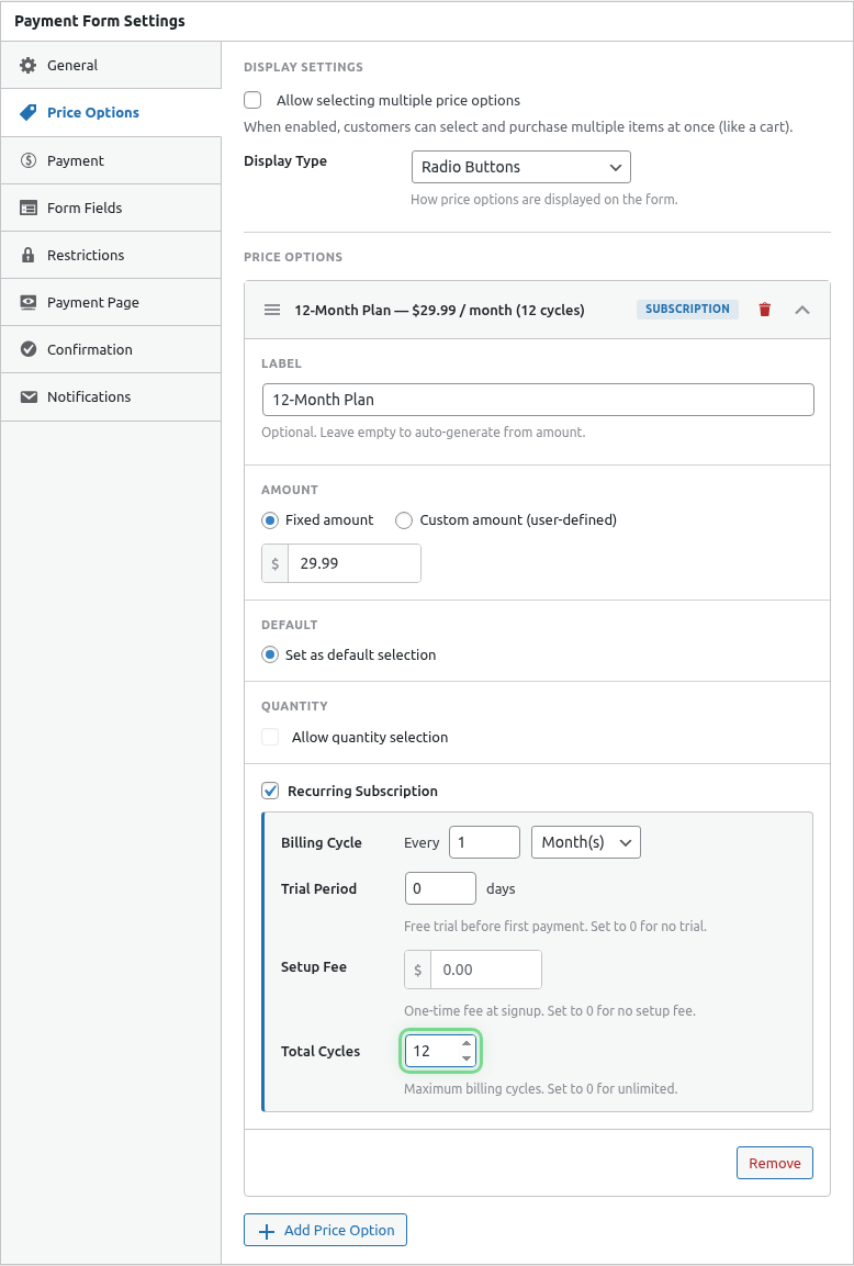Total cycles field filled with 12