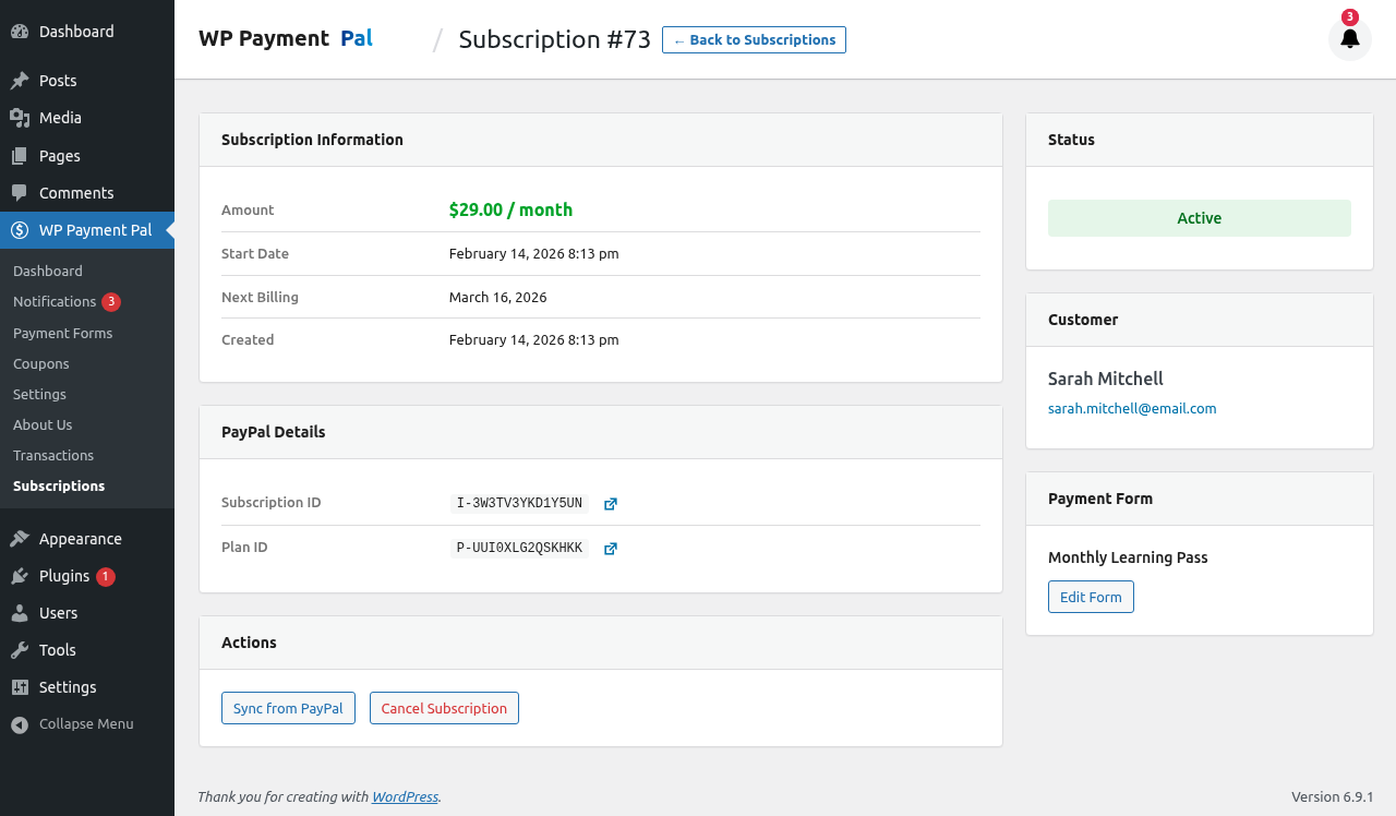 Subscription detail view