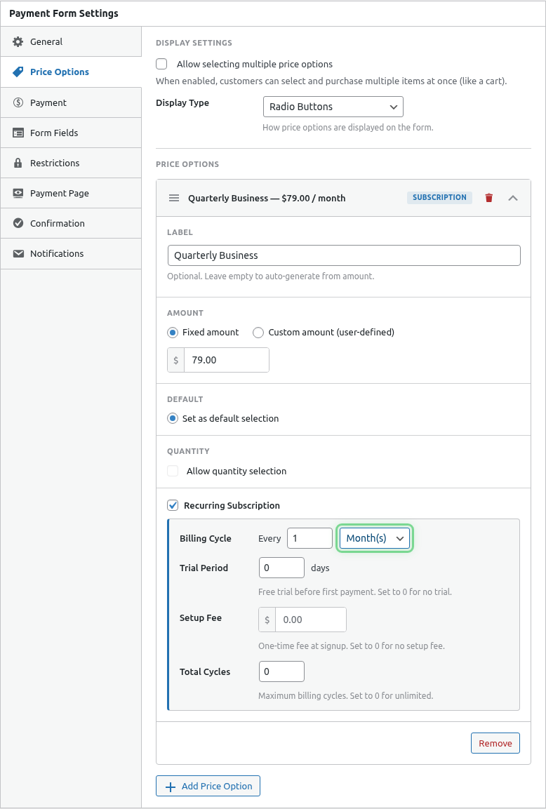 Billing interval dropdown highlighted