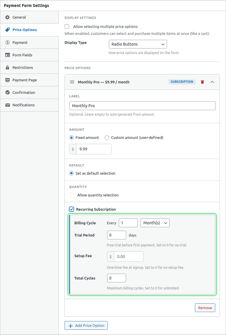 Subscription settings expanded